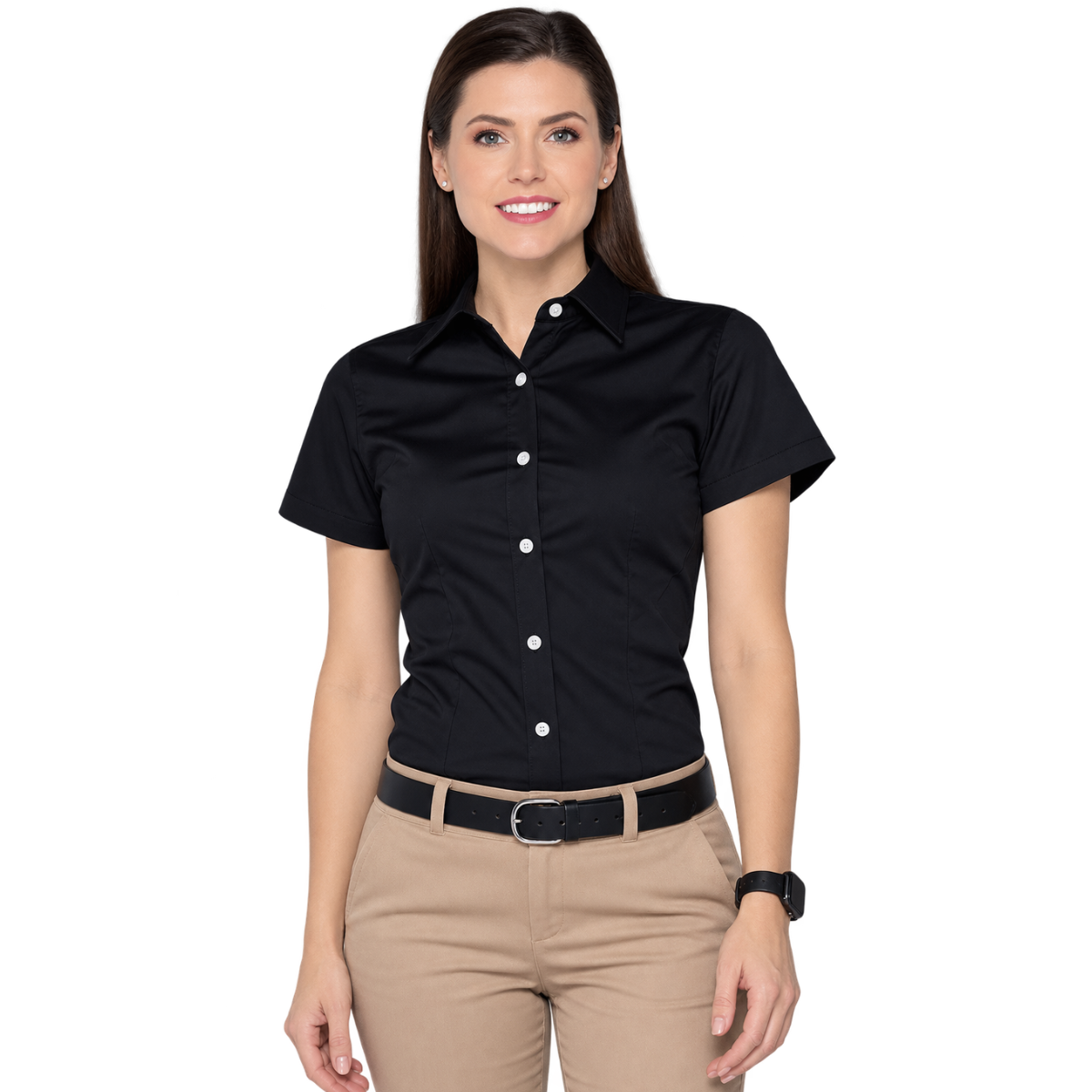 Camisa de Gabardina Manga Corta con Silueta para Dama · 50% Algodón 50% Poliéster