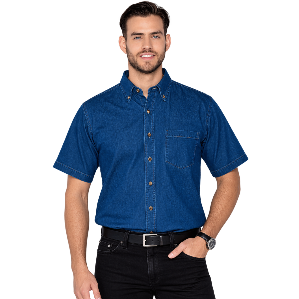Camisa de Mezclilla Manga Corta para Caballero · 100% Algodón