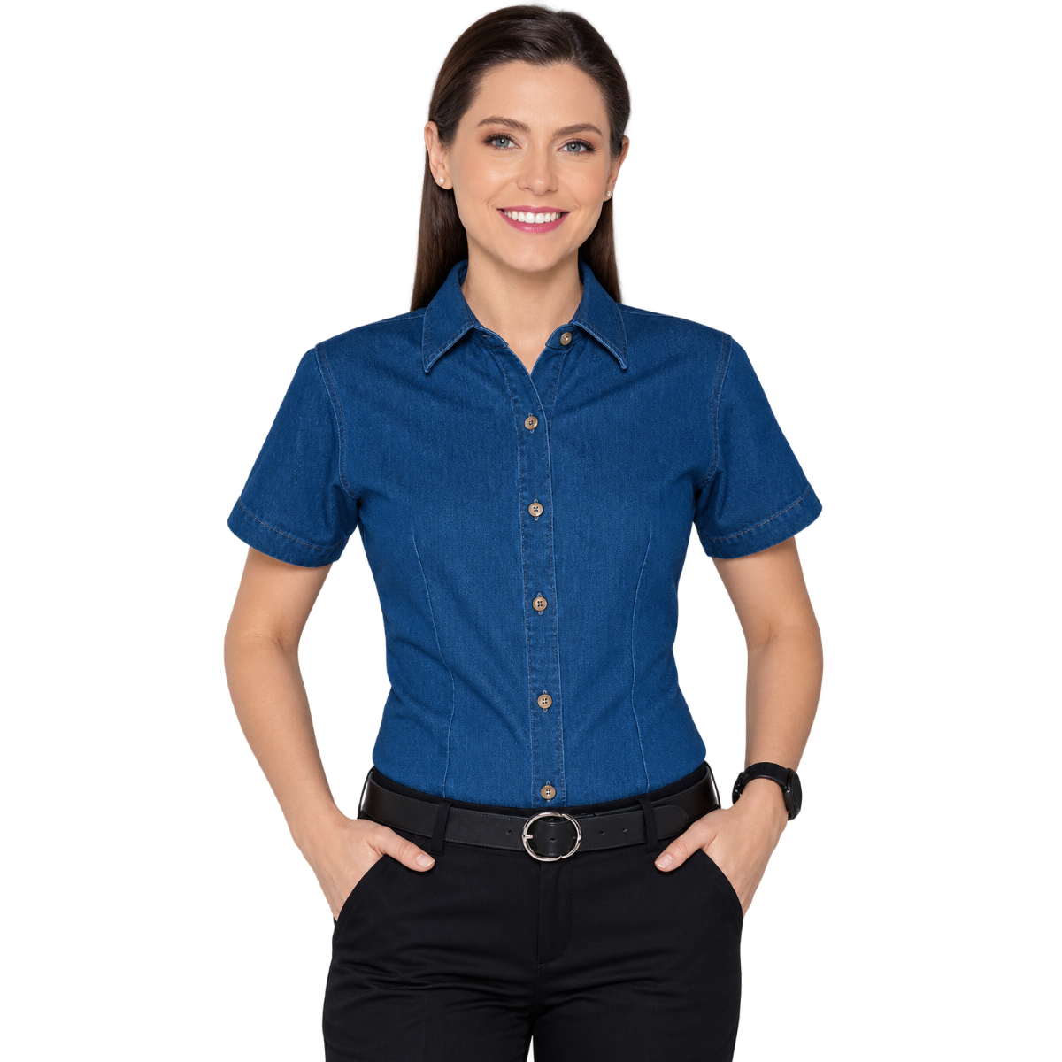 Camisa de Mezclilla Manga Corta con Silueta para Dama · 100% Algodón