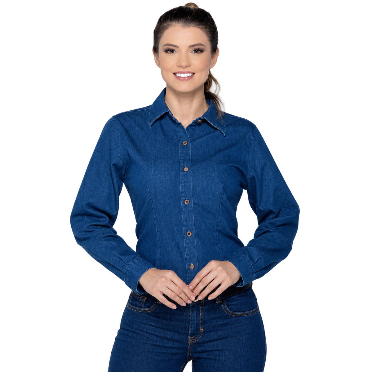 Camisa de Mezclilla Manga Larga con Silueta para Dama · 100% Algodón