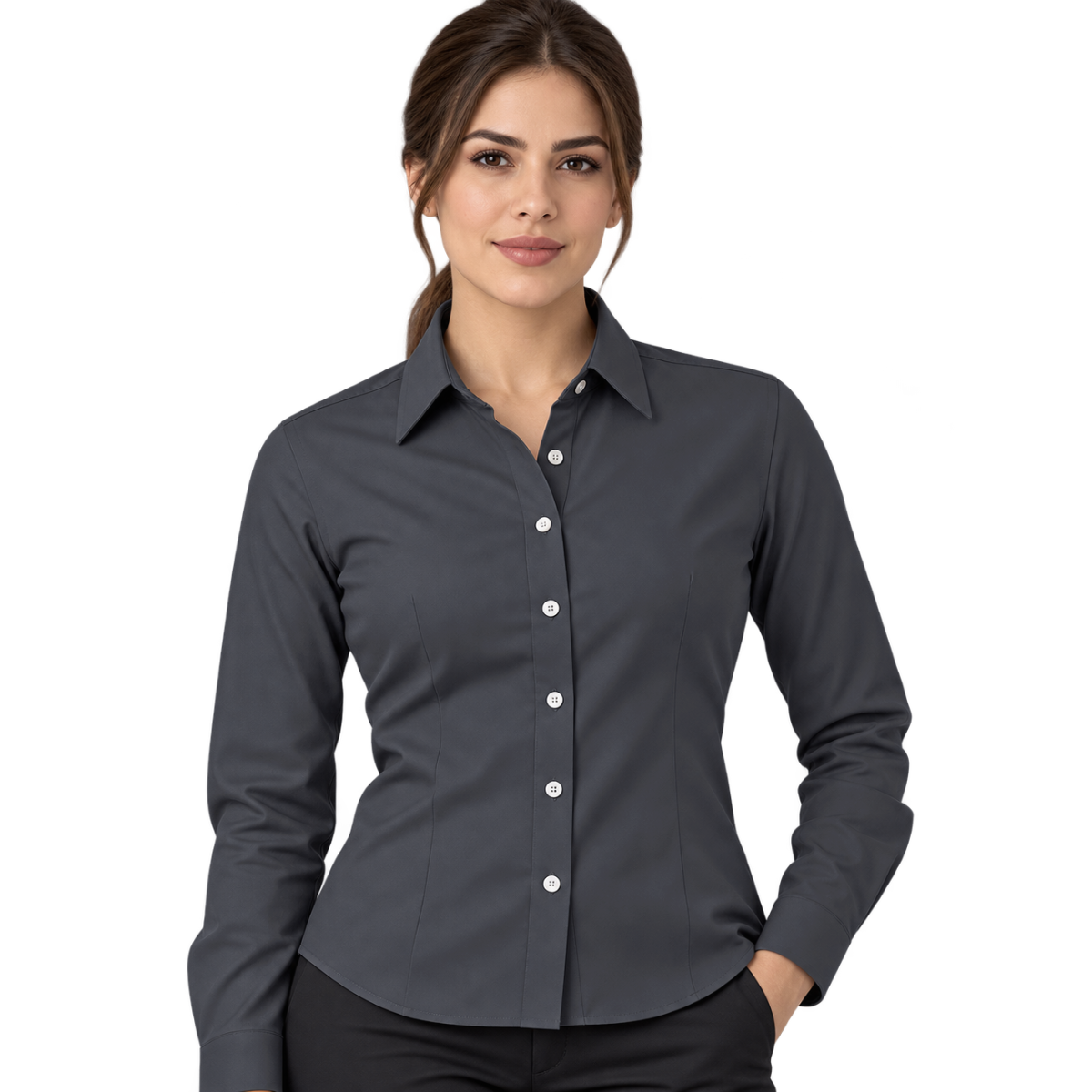 Camisa de Gabardina Manga Larga con Silueta para Dama · 50% Algodón 50% Poliéster