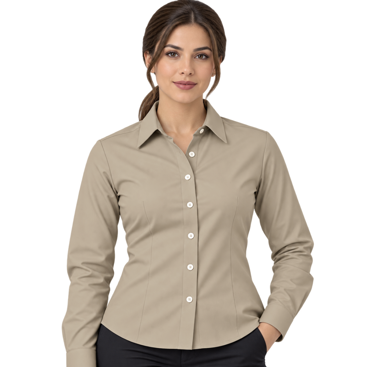 Camisa de Gabardina Manga Larga con Silueta para Dama · 50% Algodón 50% Poliéster